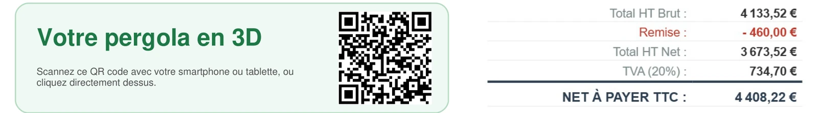 The QR code opens the project in 3D for the client · Example: “Essentielle” pergola, demo project