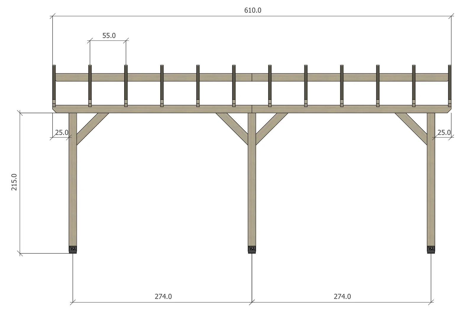 Front view, dimensioned automatically · Example: “Essentielle” pergola, demo project